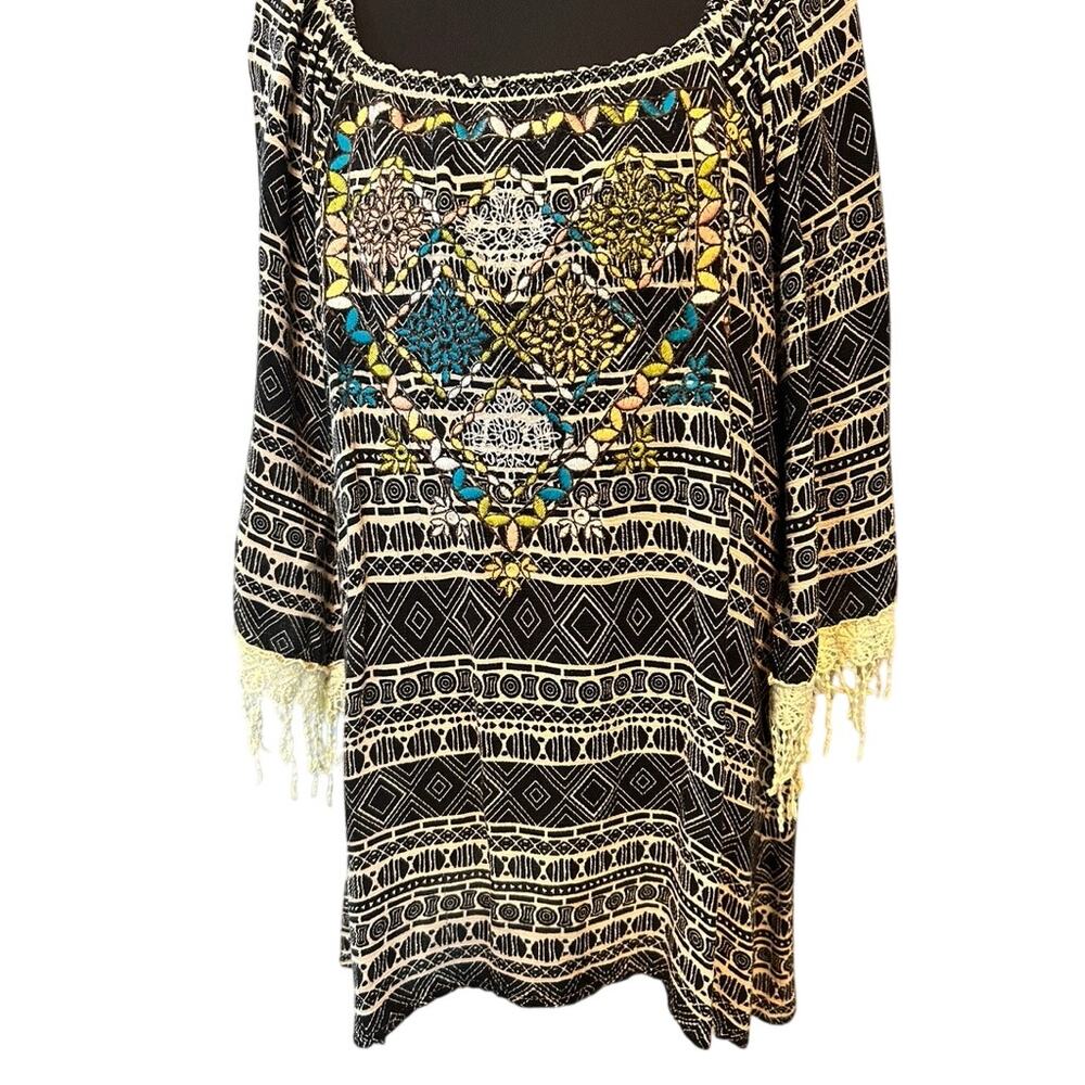 Embroidered Tassel Fringe Boho Tunic Top M Geometric Cotton Blouse
